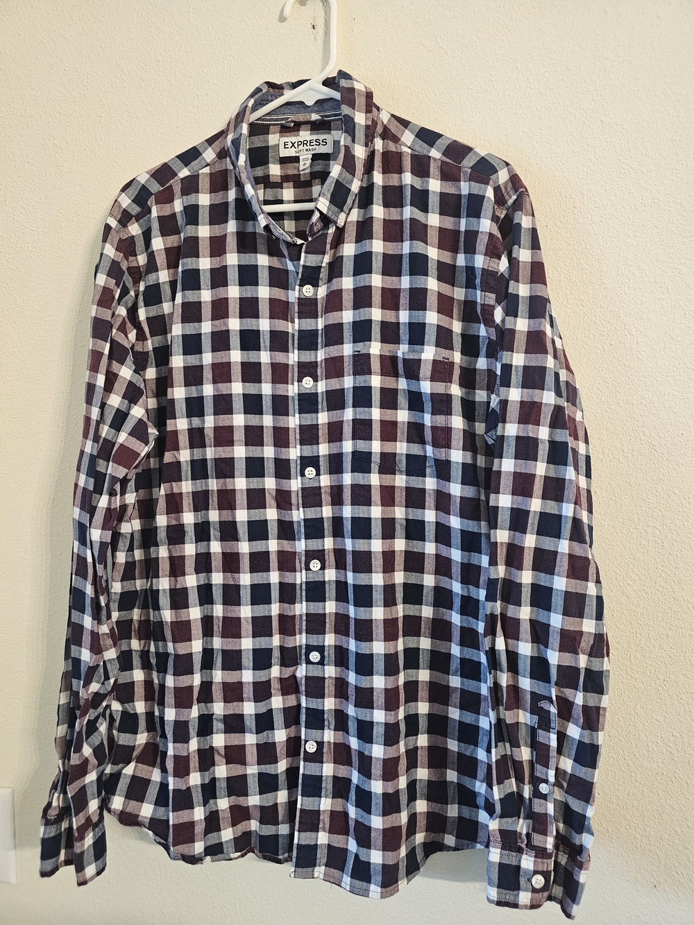 Express Men's Burgundy, Navy and White Plaid Button-Down Shirt